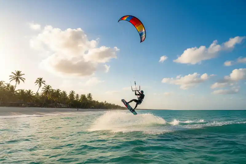 Kite surfer riding waves at Diani Beach with blue sky and palm trees