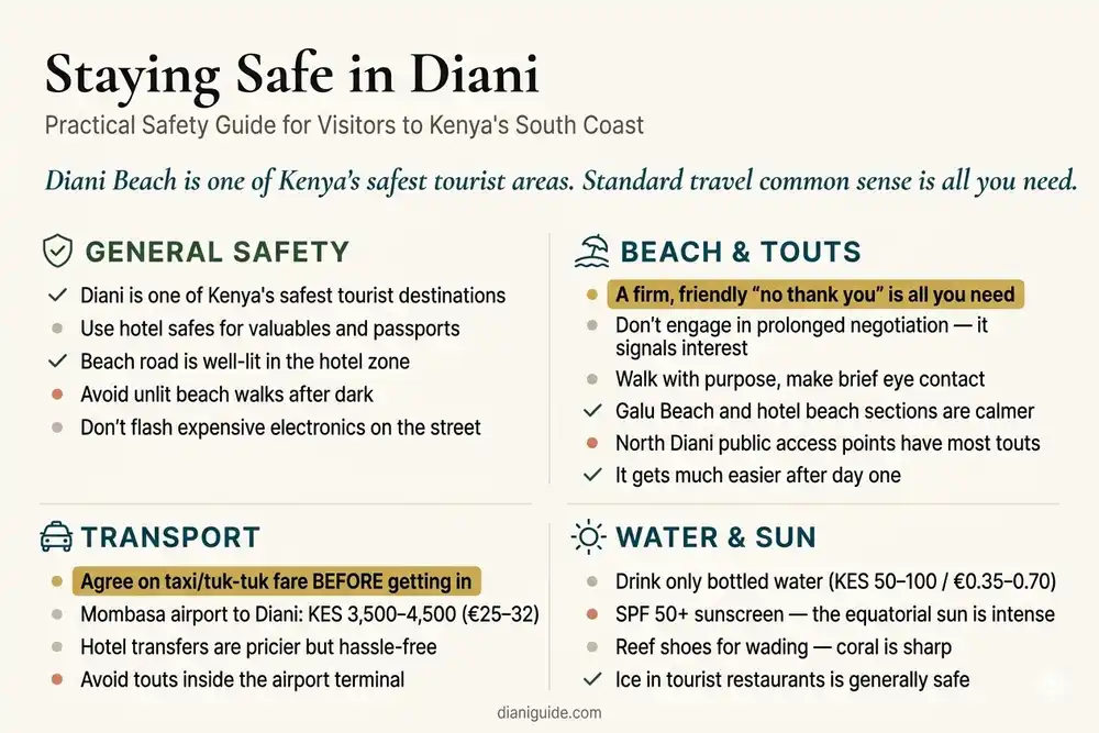 Diani Beach safety tips visual guide covering beach safety, transport, and general precautions
