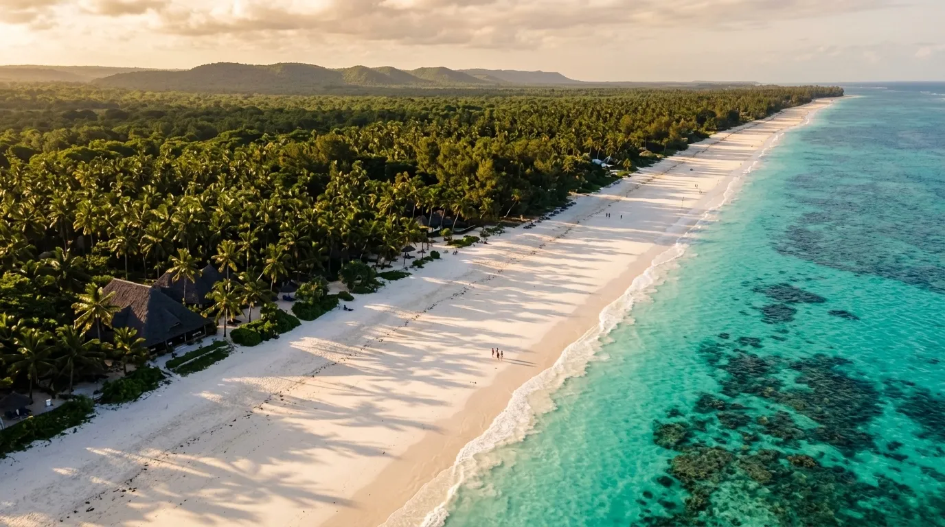Diani Beach, Kenya — aerial view of white sand and turquoise ocean